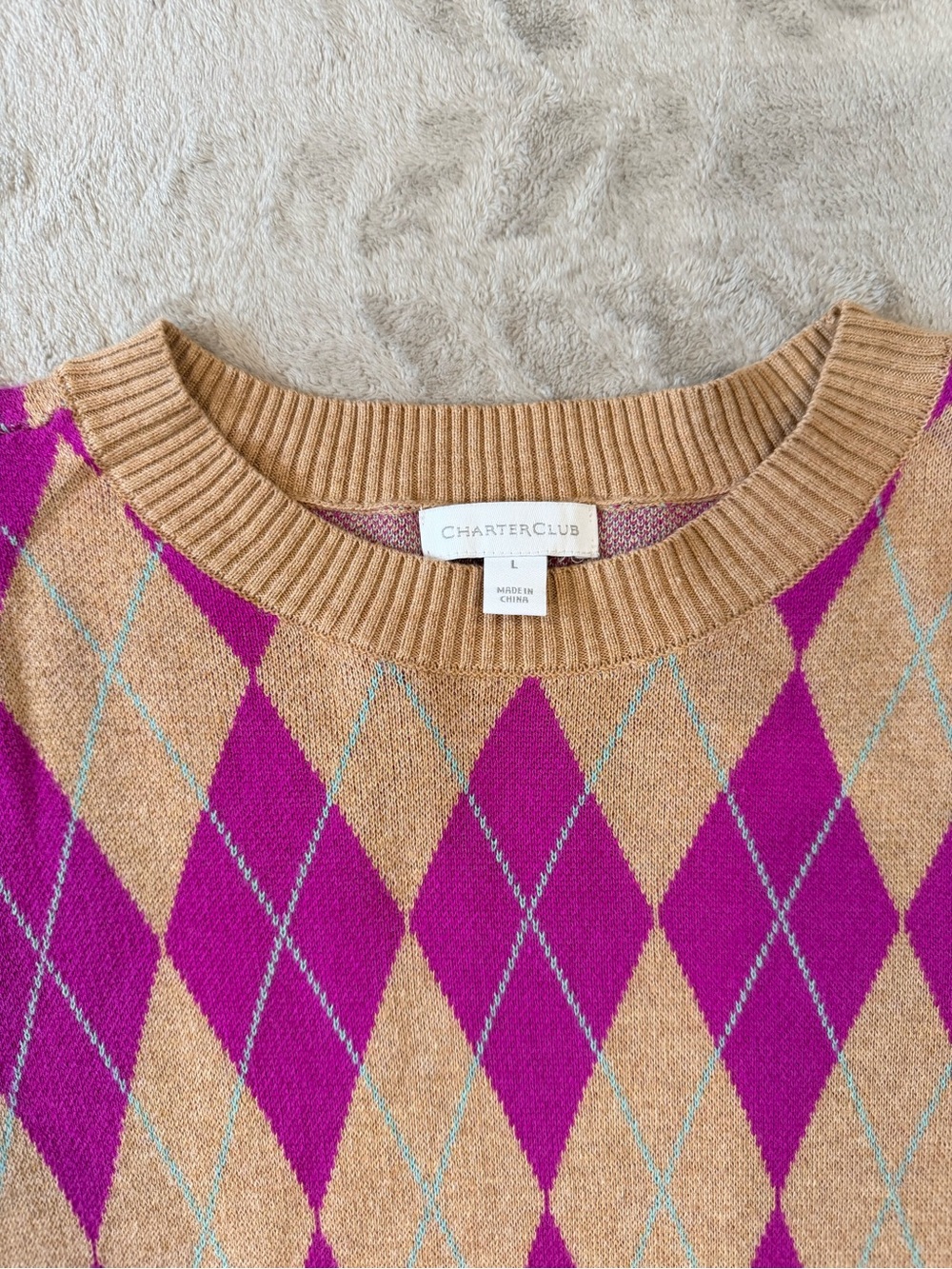 Charter Club Short Sleeve Business Casual Preppy Argyle Knit Sweater Top Size L - Picture 2 of 7